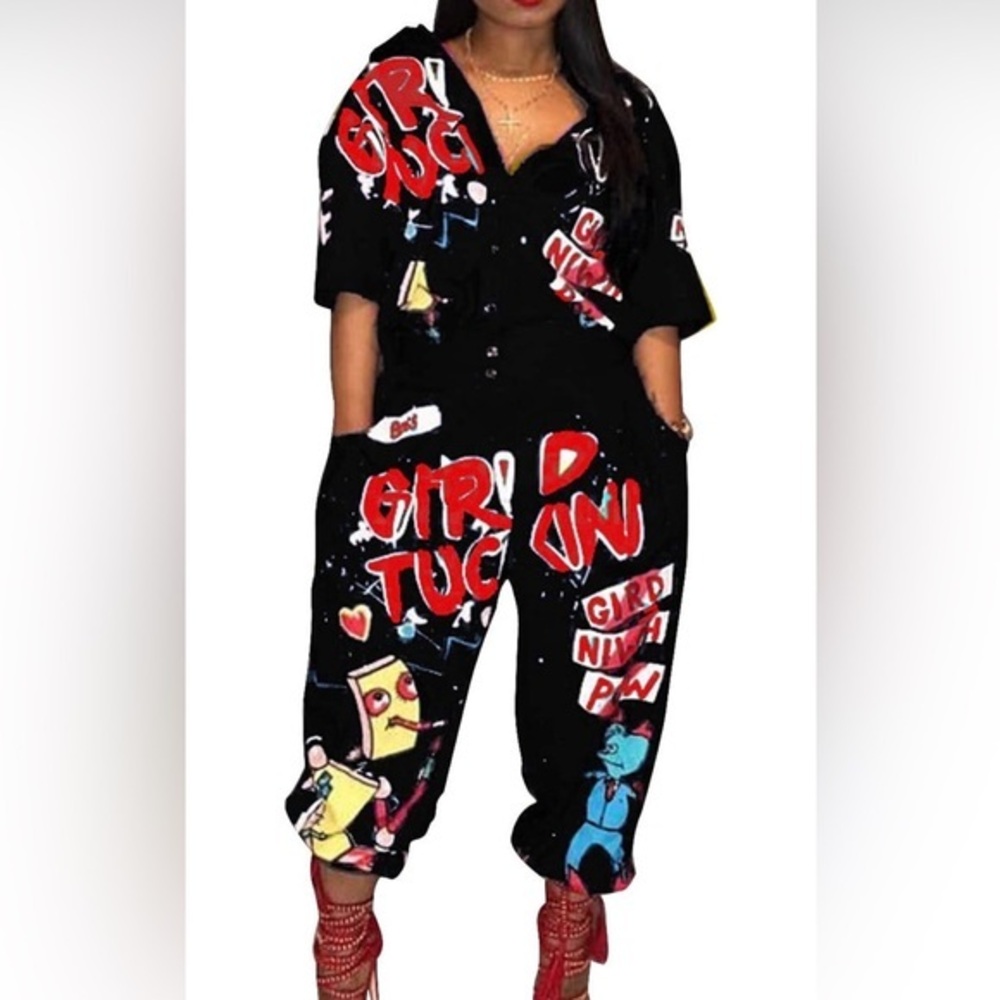 Graphic Black Jumpsuit with Red Accents